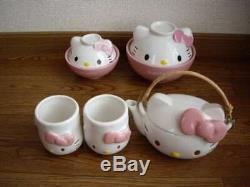 HELLO KITT Pottery 5 Piece set Japanese teapot teacup rice bowl Rare SANRIO