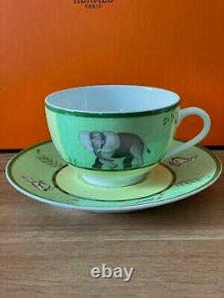 HERMES Africa Green Tea Cup & Saucer 2set Tableware Authentic Porcelain elephant