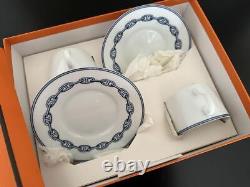 HERMES Chaine d'Ancre Tea Cup & Saucer Set of 2 Pottery Porcelain Blue