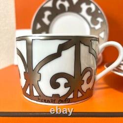 HERMES Guadalquivir Platinum Tea Cup & Saucer Set of 2 Pottery New