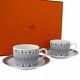 HERMES H DECO White & Black Tea cup & Saucer pair set Auth #031401