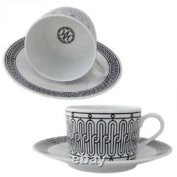 HERMES H DECO White & Black Tea cup & Saucer pair set Auth #031401