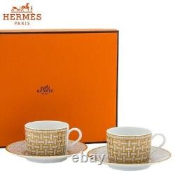 HERMES MOSAIQUE AU 24 GOLD Pair Of Tea Cups & Saucers 26016P BRAND NIB