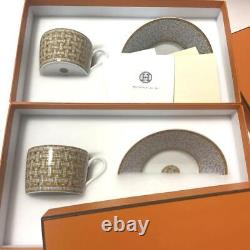 HERMES Mosaic Vancattle Tea Cup & Saucer 2 Pair Sets with Box 5.4oz Tableware