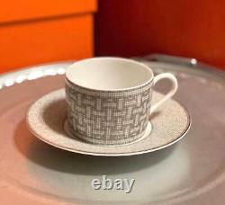 HERMES Mosaique Tea Cup Saucer Platinum Tableware 2 set Coffee Cafe Auth New Box
