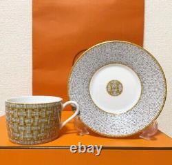 HERMES Mosaique au 24 Gold Coffee cup & Saucer pair set Auth #020904