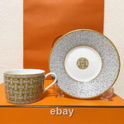 HERMES Mosaique au 24 Gold Tea cup & Saucer pair set Auth #080616