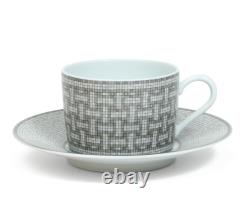 HERMES Mosaique au 24 Platinum Tea cup & Saucer pair set Auth #031405