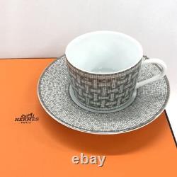 HERMES Mosaique au 24 Platinum Tea cup & Saucer pair set Auth #062214