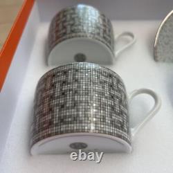 HERMES Mosaique au 24 Platinum Tea cup & Saucer pair set Auth #102401