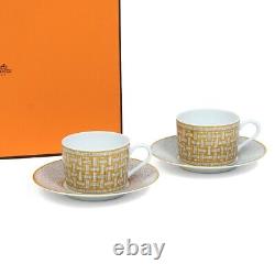 HERMES PARIS Mosaique Au 24 Porcelain Tea Coffee Cup & Saucer Set Gold with Box