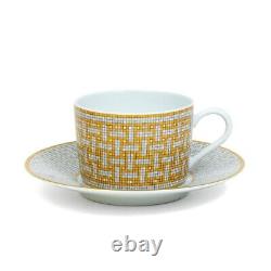 HERMES PARIS Mosaique Au 24 Porcelain Tea Coffee Cup & Saucer Set Gold with Box