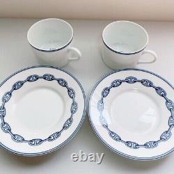 HERMES Paris Auth. Chaine d'Ancre Tea Cup & Saucer Set of 2 Porcelain Blue White