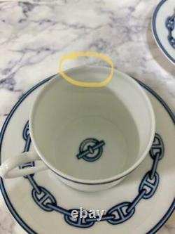 HERMES Paris Chaine d'Ancre Tea Cup & Saucer Set of 2 Porcelain Blue with box