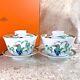 HERMES Paris Toucans Tea Cup & Saucer with Top Cover Lid Tableware 2 Sets with Box
