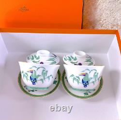 HERMES Paris Toucans Tea Cup & Saucer with Top Cover Lid Tableware 2 Sets with Box