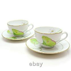 HERMES Porcelain Nile Tea Cup Saucer Tableware 2 set Floral Green Lotus Ornament