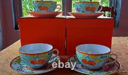 HERMES SIESTA ISLAND Blue 2 Cups and 2 Saucers Set Floral Dinnerware New