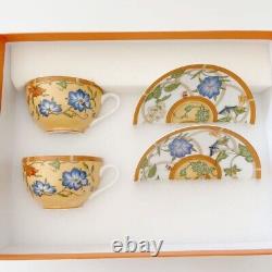 HERMES SIESTA Teacup Cup & Saucer Floral Animal Yellow Porcelain 2 Set with box