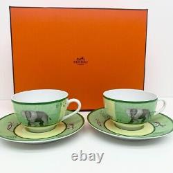 HERMES Tableware Africa Green Tea Cup & Saucer 2set Porcelain elephant