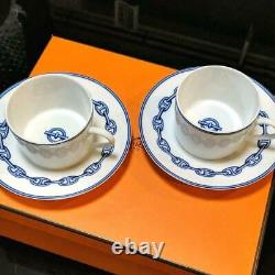 HERMES Tea Cup Saucer Chaine D'Ancre Blue Tableware 2 set Porcelain Coffee New