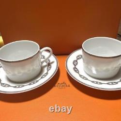 HERMES Tea Cup Saucer Chaine D'ancre Platinum Tableware 2 set Coffee Auth New