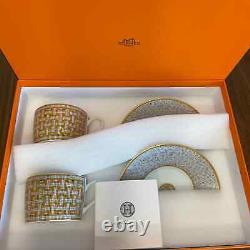 HERMES Tea Cup Saucer Mosaique Tableware 2 set Gold Dinnerware Coffee New