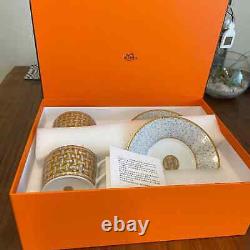 HERMES Tea Cup Saucer Mosaique Tableware 2 set Gold Dinnerware Coffee New