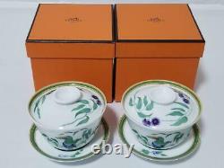 HERMES Touncans Green Tea cup with lid & Saucer pair set Auth #022312