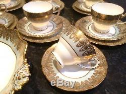 Hammersley vintage China Tea set 7 tea cups saucers side plates green gold