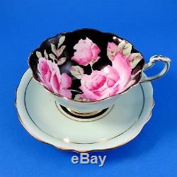 Hand Painted Pink Roses on Black Paragon Tea Cup and Saucer Set