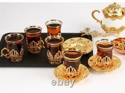 Handmade Copper Turkish Coffee Tea Serving Set Gold Color