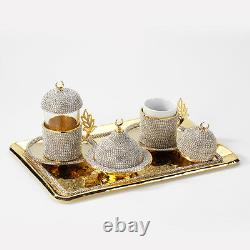 Handmade Copper Turkish Coffee Tea Zamzam Serving Set Swarovski Gold Color