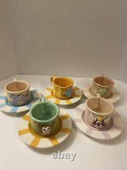 Handmade Hand painted Porcelain Tea Cup And Saucer Kids Animals Zoo Stripe Set 5