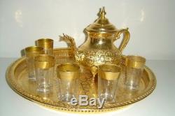 Handmade Moroccan Golden Tea Set Handmade TeaPot, Tea Cups Tea Tray, Set Of 6 Cups