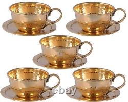 Handmade Pure Brass Cups and Saucers Set, Hammered Design Tea Cups, Set of 5