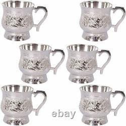 Handmade Pure Brass Silver Plated Mugs Set, Peacock Design Cup Set, 6 PCs, 50 ml
