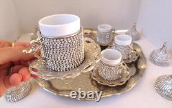 Handmade Turkish Coffee Tea Serving Set Swarovski Crystals Ornate Silver Tray