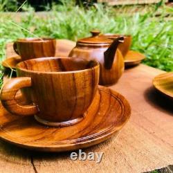 Handmade Wooden Tea Cup Set Sugar Bowl Teapot Tray Ornaments Gift Set 16 Pcs