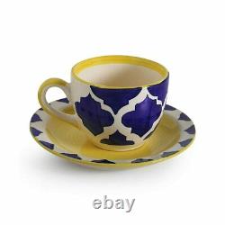 Handpainted Ceramic Mug Cups Set for Tea Set of 6 with Saucer (150 ML, Blue)