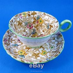 Handpainted Chintz & Green Handle Shelley Tea Cup and Saucer Set