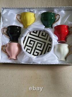 Harlequin Fine Porcelain Coffee Set for 6 Turkish Made Hand Painted Golden Rims