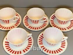 Hazel Atlas Red White Milk Glass Candy Stripe Coffee Tea Cup and Saucer Set of 5