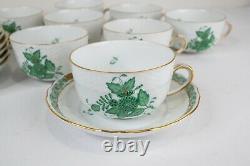 Herend Hungary Chinese Bouquet Green 1726 Flat Tea Cup & Saucers Set of 8