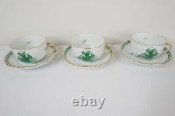 Herend Hungary Chinese Bouquet Green 1726 Flat Tea Cup & Saucers Set of 8