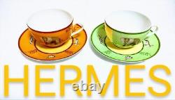 Hermes Africa Tea Cup Saucer Pair set Porcelain Green Orange Elephant Unused