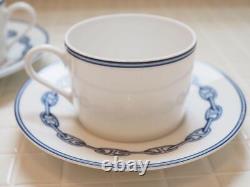 Hermes Chaine Dancre Cup and Saucer Tea Coffee Pair set of 2 White Blue Unused