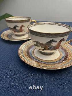 Hermes Cheval d'Orient 2 Tea Cups and 2 Saucers Set Printed Porcelain