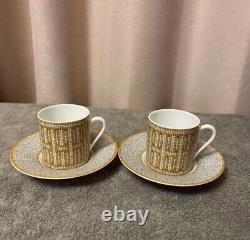 Hermes Demitasse Tea Cup & Saucer Pair 2 set Mosaique Au 24 gold espresso coffee