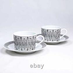 Hermes H Deco Tea Cup Saucer Pot White Black Tableware set Coffee Cafe Auth New
